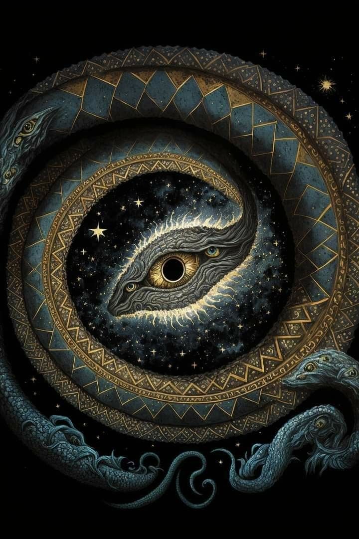 an eye is seen in the center of a spiral design with stars and swirls