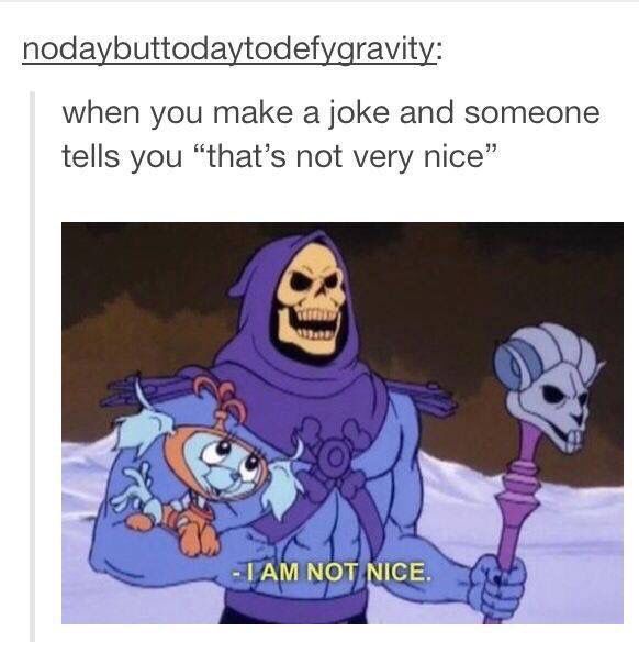 an image of a cartoon character with a skeleton holding a sception in one hand and the caption says, i am not nice