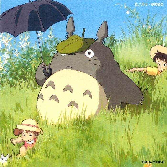 an image of people in the grass with a totoro and other characters behind them