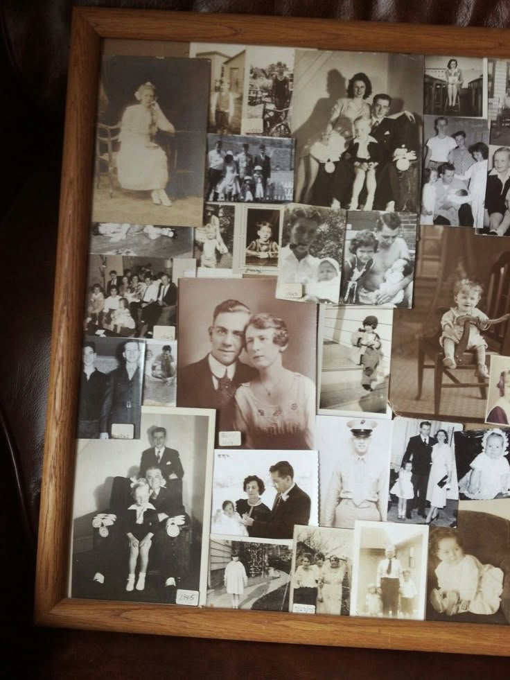 a collage of family photos is displayed in a wooden frame on a leather chair