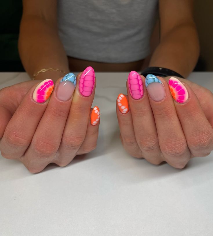 Full Color Nails With Design, Nail Ideas With Blooming Gel, Pink Nails W Design, Colorful Blooming Gel Nails, Cute Blooming Gel Nails, Blooming Nails Design, Fun Back To School Nails, Nail Art Designs Blooming Gel, Nail Ideas Blooming Gel