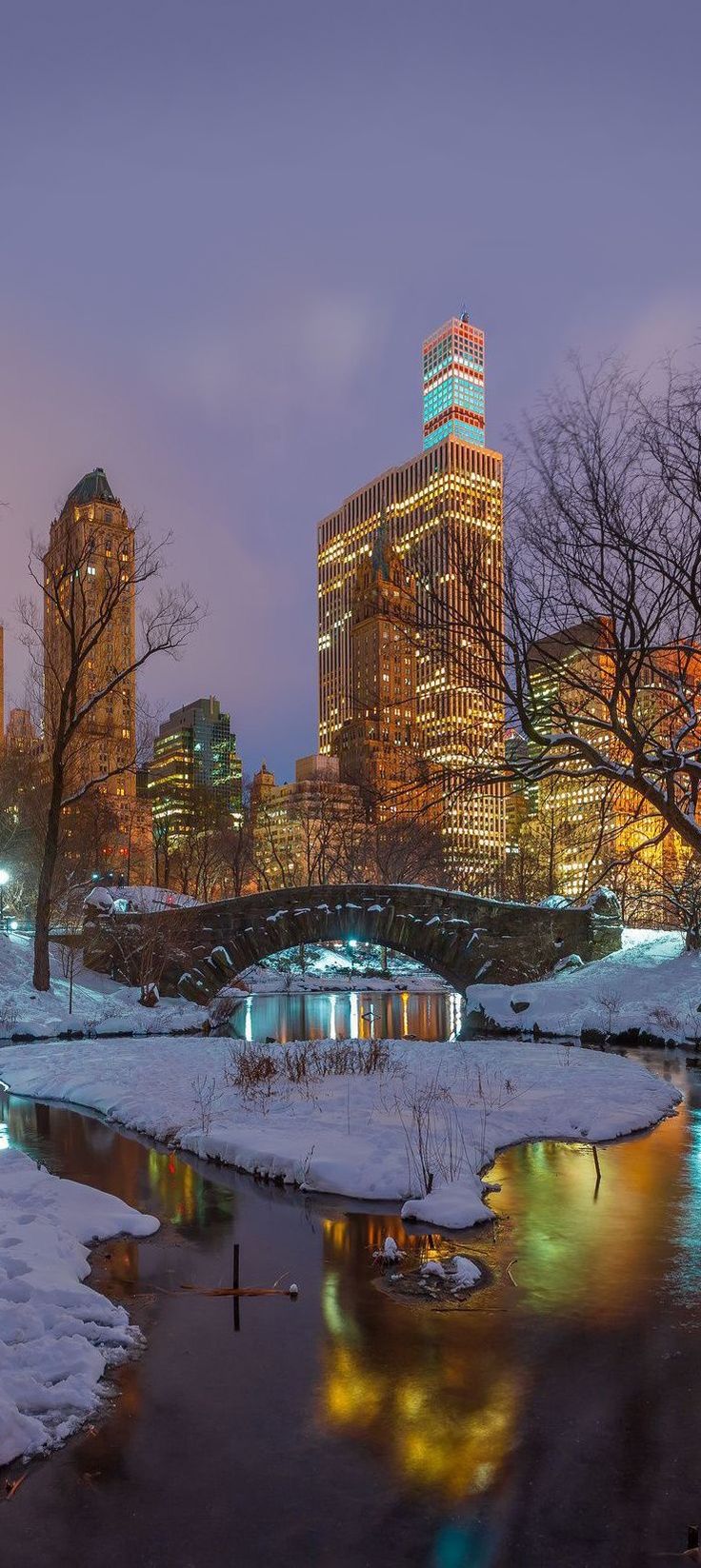 the city skyline is lit up at night