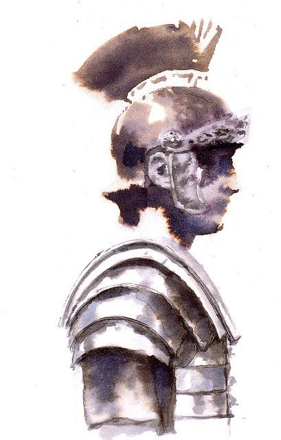 a watercolor painting of a roman soldier wearing armor and helmet with his hair in the wind