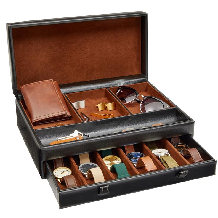 an open black leather watch box with several watches in it and two men's accessories inside