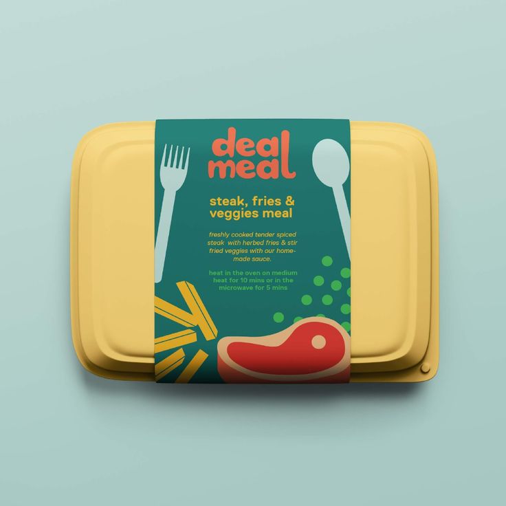 a yellow lunch box with a fork and knife on it, next to a plastic container that says deal meal