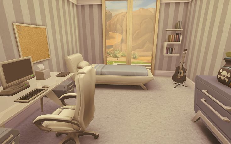 a computer desk sitting next to a bed in a room with a guitar on the wall