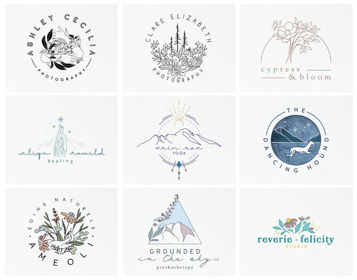 six different logos with mountains, trees and flowers in the middle one has a bird on it