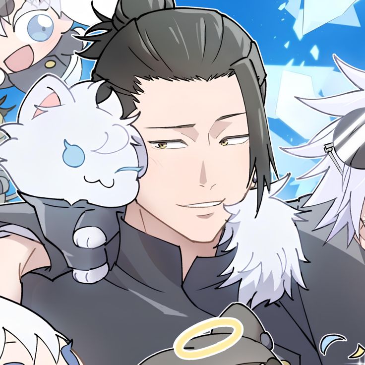 an anime character holding a white cat in his arms