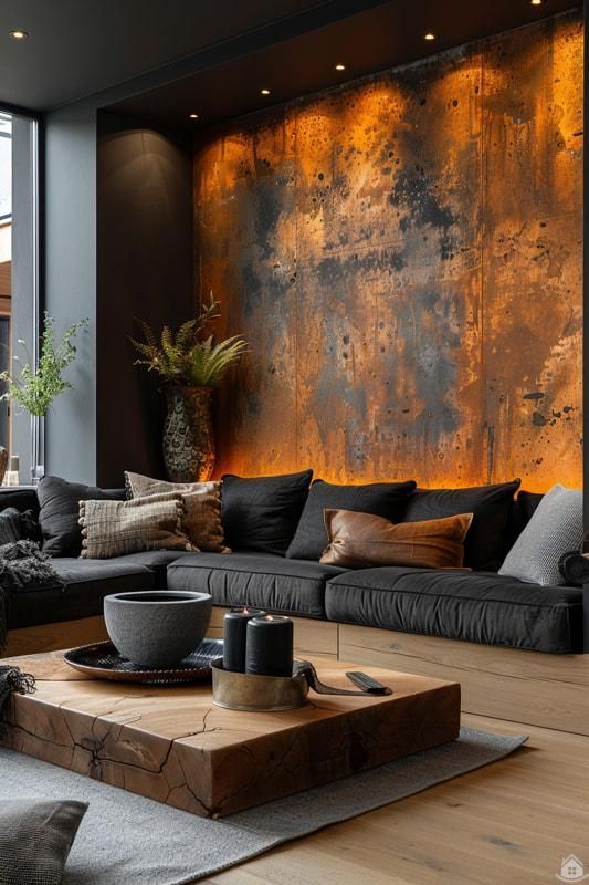 a living room filled with furniture and a large painting hanging on the wall above it