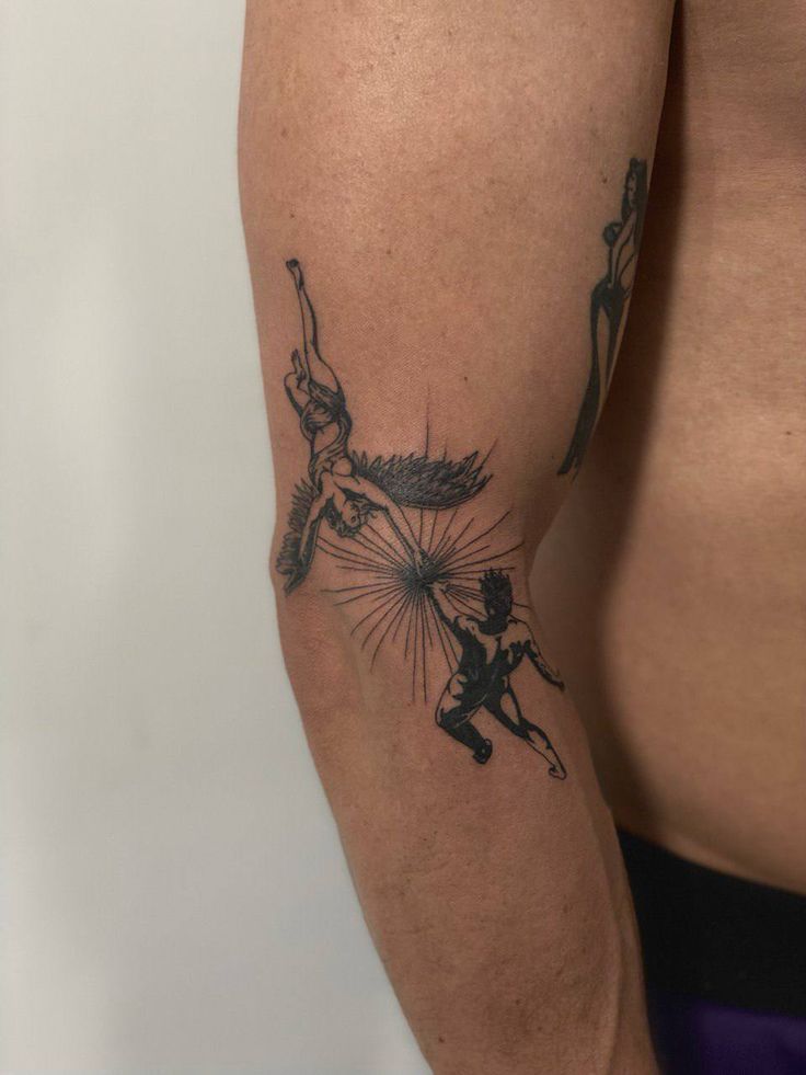 a man's arm with a dandelion tattoo on the left side of his body