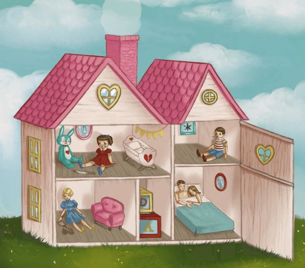 a wooden doll house with people inside and outside the house, including two children playing