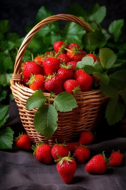 strawberries in a wicker basket surrounded by green leaves on a dark cloth background