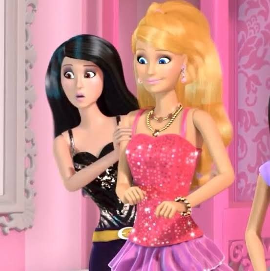 two barbie dolls standing next to each other in a pink and purple room with chandeliers