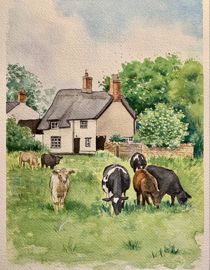 a painting of cows grazing in front of a house