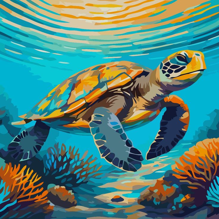 a painting of a turtle swimming in the ocean with corals and seaweed around it