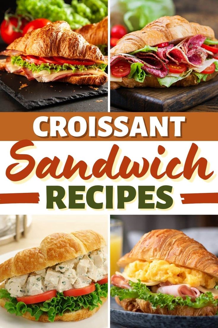 four different sandwiches with the words crossant sandwich recipes on them and pictures of food