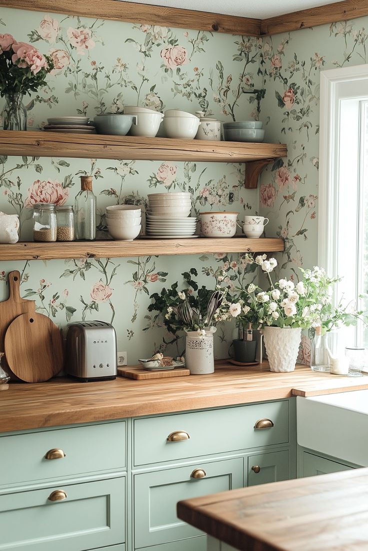 a kitchen with floral wallpaper and wooden shelves filled with pots, pans, and flowers