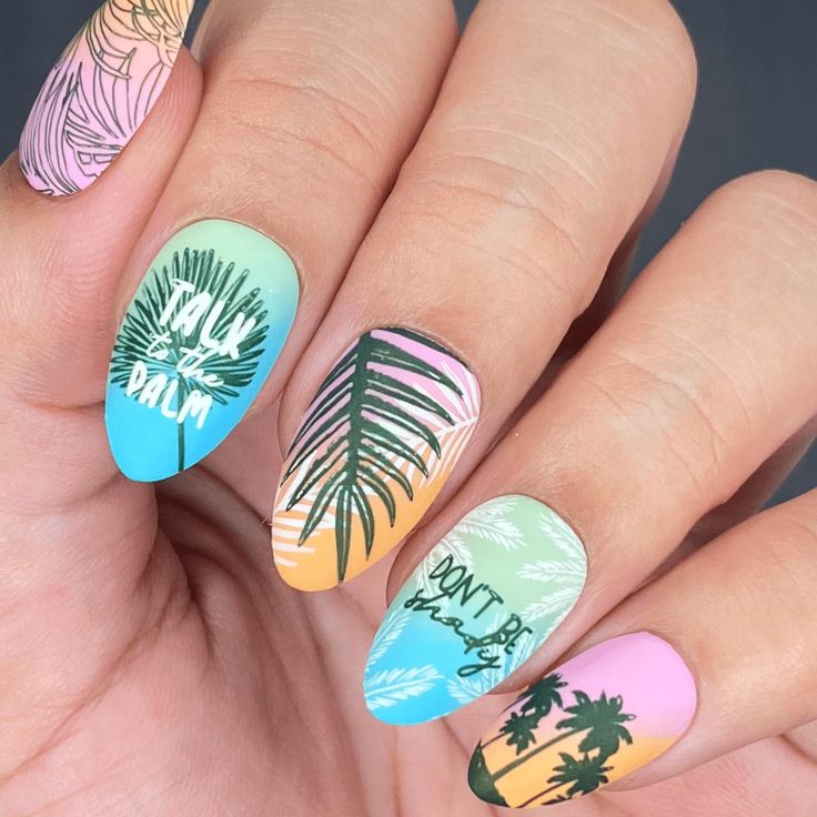 Keep calm, and Shake Your Palm Fronds (M387)! ﻿This tropical stamping plate is the key to nailing those beachy vibes! These palm tree patterns will have your nails packed and ready for a vacation! With an array of full nail and accent style designs, you can create manicures that are cool, breezy, and undeniably chic. It's time to get your nails grooving to the rhythm of the tropics!• TROPIC VIBES: Get ready to stamp, sway, and slay those tropical vibes with these picturesque palm tree designs.• Beach Nails With Palm Trees, Vacation Nails Beach, Palm Tree Nails, Cute Pink Nails, Foil Nail Art, Fun Nail Colors, Palm Tree Pattern, Beachy Vibes, Vibrant Nails