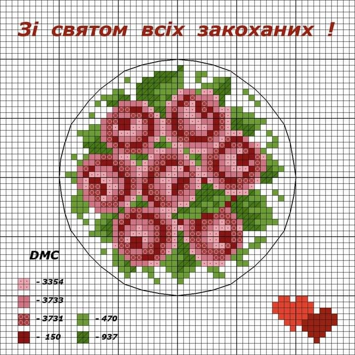 a cross stitch pattern with pink flowers on a white plate and green leaves in the center