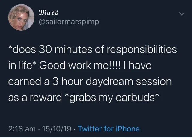 a tweet with the caption'does 30 minutes of resensibities in life good work me i have learned a 3 hour daydream session as a reward