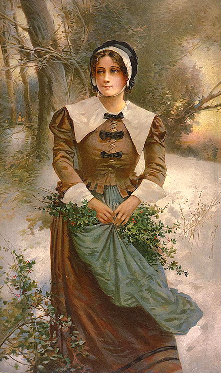 a painting of a woman standing in the snow with her hands on her hips and wearing a green dress