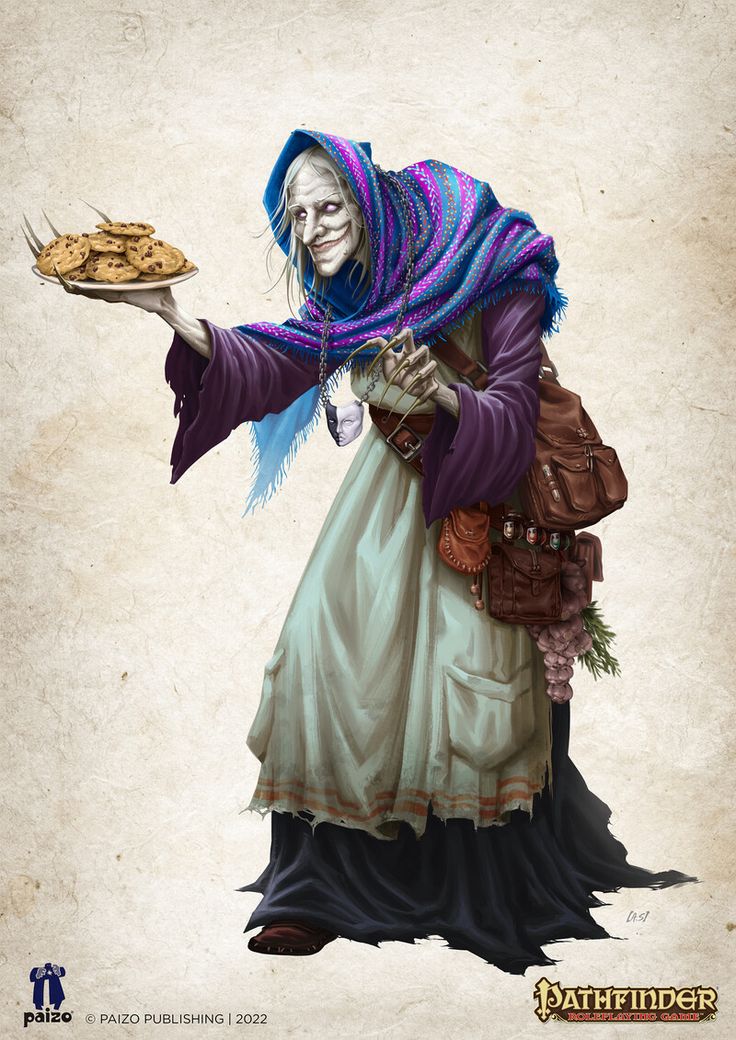 a drawing of a woman holding a cookie on her left hand and wearing a purple scarf over her head