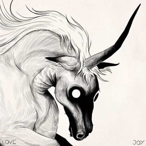 a black and white drawing of a unicorn's head with long hair on it