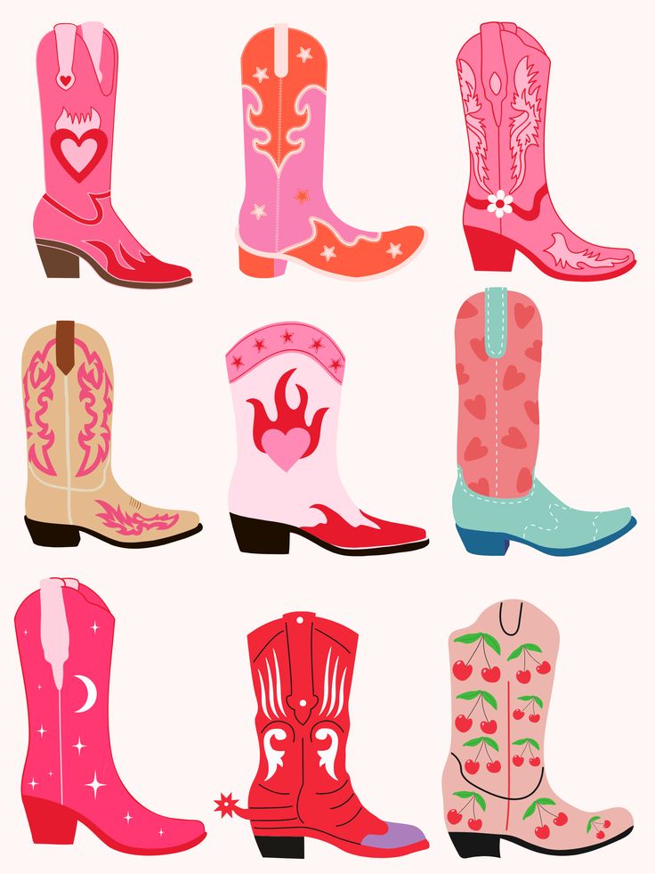 six pairs of cowboy boots with hearts on them