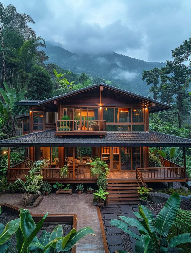 a wooden house surrounded by greenery in the middle of a forest with mountains in the background