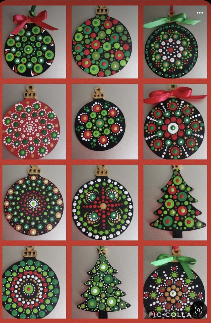 twelve handmade christmas ornament designs on red paper with green and red ribbons