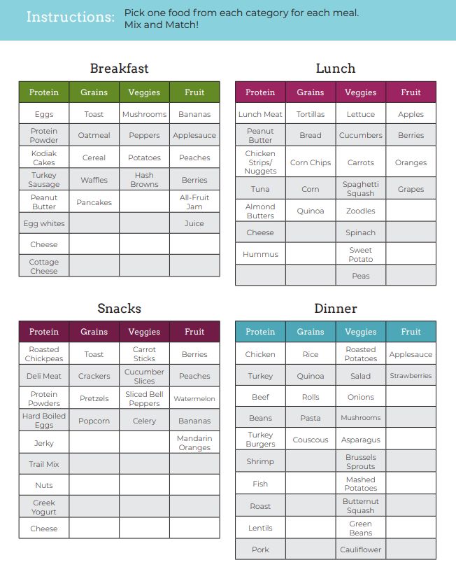 the printable meal plan for kids is shown in three different colors and font options