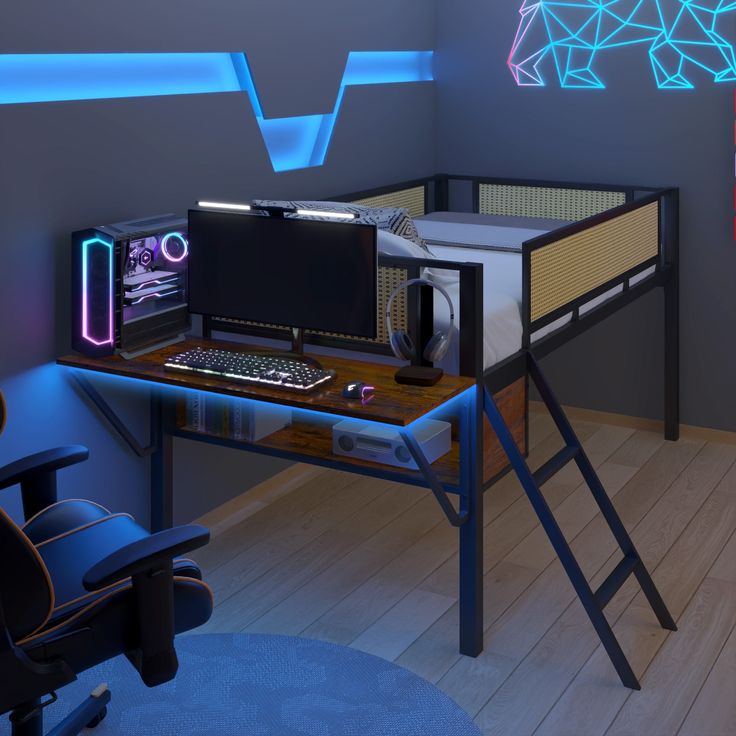 there is a desk with a computer on it