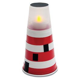 a red and white striped cone shaped light with a yellow light at the top on a white background