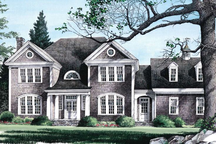 this is an artist's rendering of the front elevation of these colonial home plans