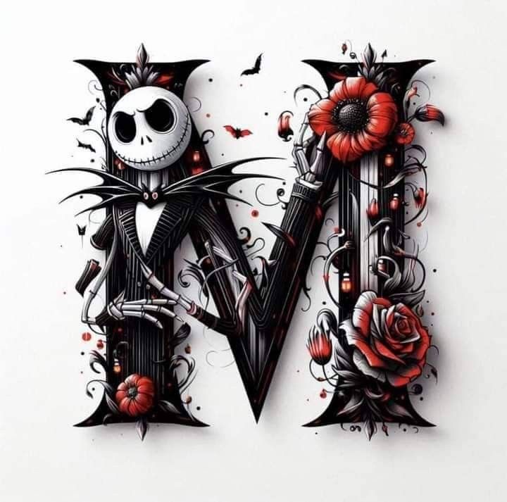 the letter m is decorated with flowers and skulls