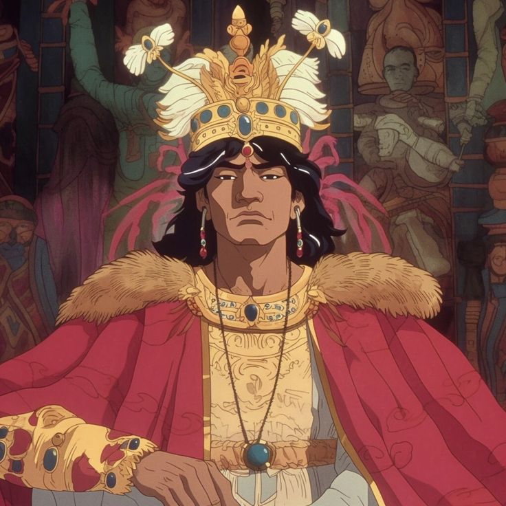 an animated image of a man wearing a crown and standing in front of other people