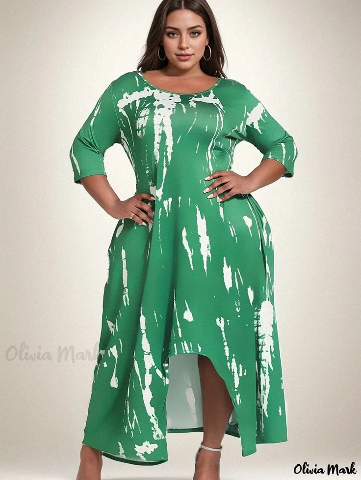 Olivia Mark - Womens Plus Size Casual Dress: Three Quarter Sleeve Tie Dye Dress with Round Neck and Asymmetrical Hemline, Medium Stretch New Long Dress, Irregular Dress, Womens Long Dresses, Tie Dye Maxi Dresses, Tie Dye Maxi, Split Skirt, Tie Dye Designs, Crewneck Dress, Tie Dye Dress