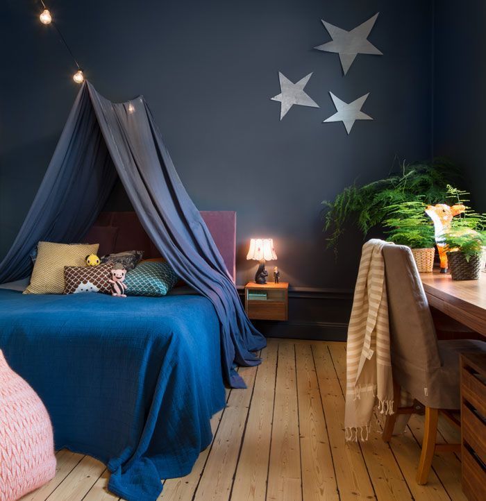 a bedroom with blue walls and white stars on the wall