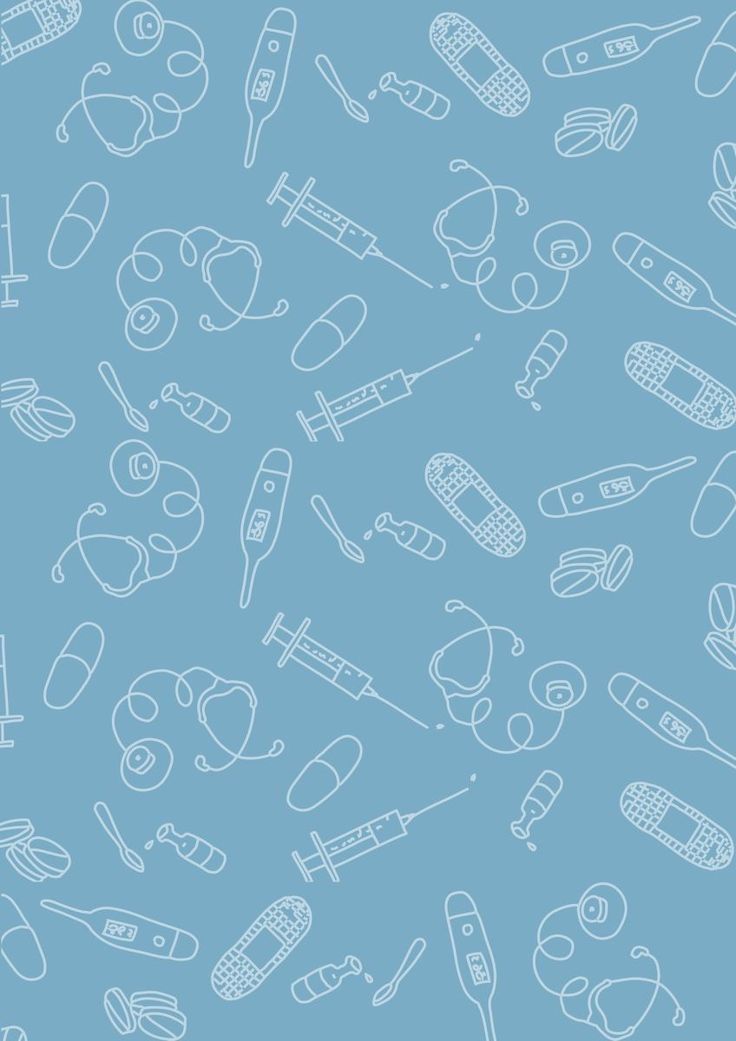 a blue background with white outline drawings of medical instruments and equipment on it's surface