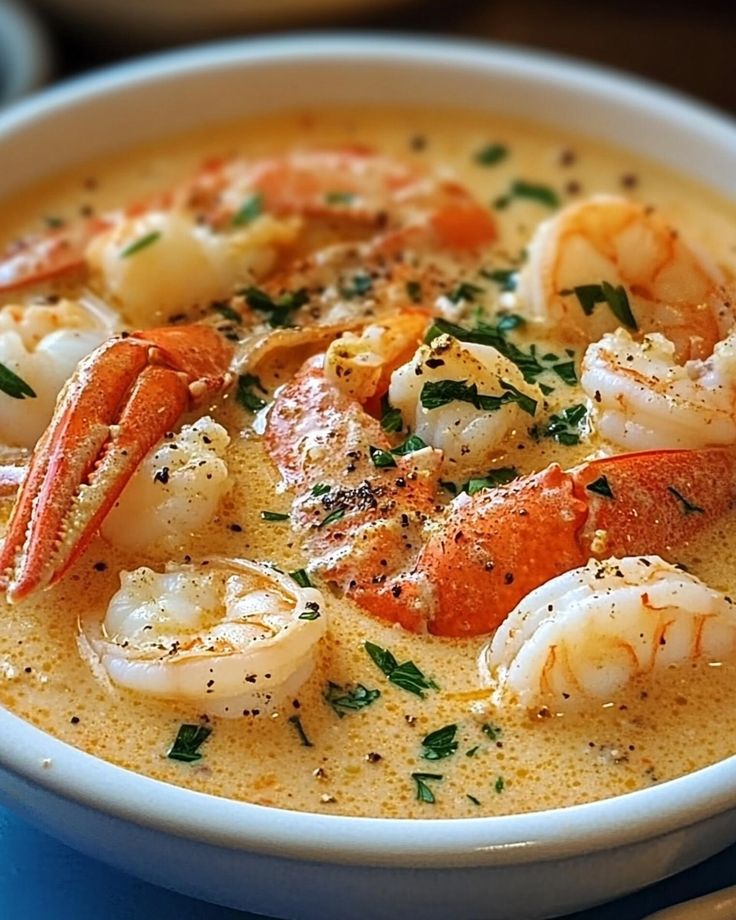 a bowl of soup with shrimp and garnishes on the top, sitting on a blue table