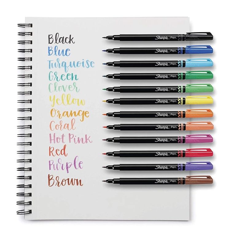 a spiral notebook with six different colored pens on it and the words black, blue, turquoise, orange, yellow, green, red, pink, purple, brown