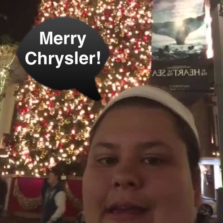 a woman standing in front of a christmas tree with a thought bubble above her head