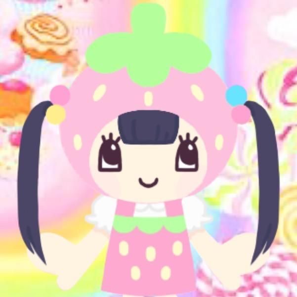 a cartoon girl with long black hair wearing a pink dress and green polka dots on her head