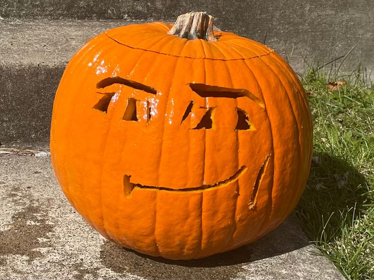 a carved pumpkin sitting on the ground