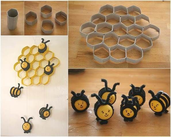 there are several pictures of bees and honeycombs made out of cookie tins