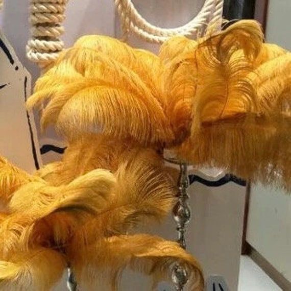 some yellow feathers are hanging on a rope in front of a mirror with other items behind it