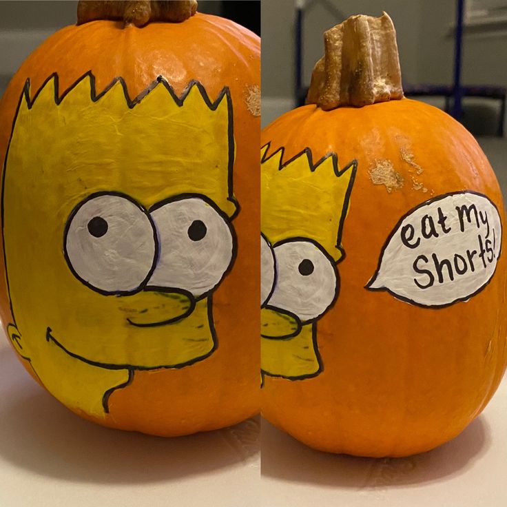 two pumpkins decorated to look like the simpsons characters from the simpsons show eat my short