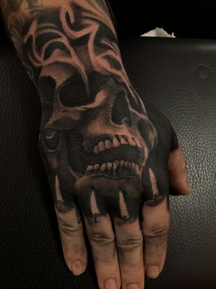 a man's hand with a skull tattoo on it