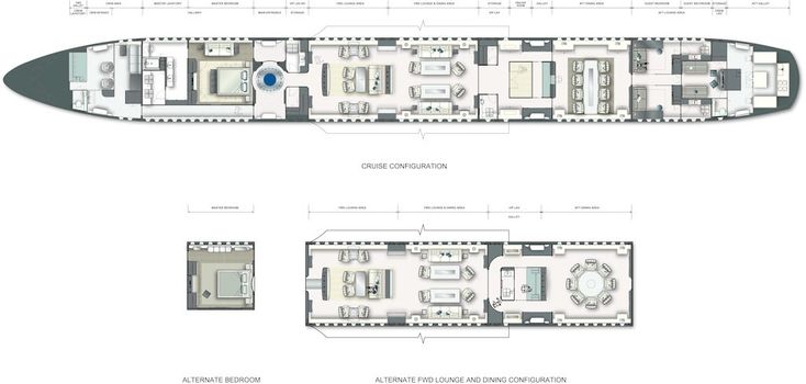 the floor plan for a boat with two levels and three rooms, including an upper deck