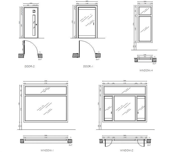 the drawing shows different types of windows and doors, with measurements for each window frame